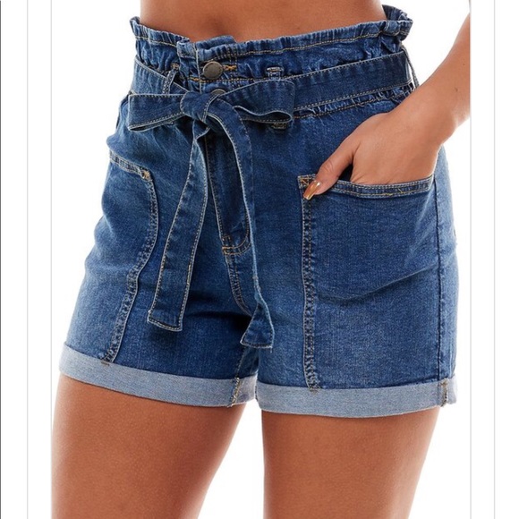Pants - High waist tie denim shorts stretch